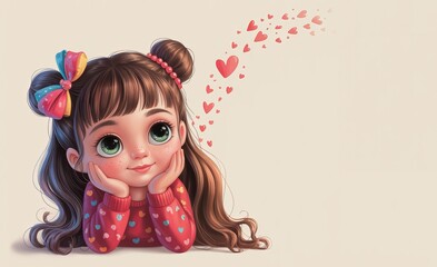 Whimsical character illustration featuring a heart-patterned shirt, expressive gaze, and soft beige background that enhances the emotional warmth.