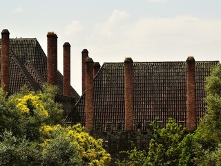 Hautes chemin&eacute;es en brique sur le toit du palais des ducs de Bragance &agrave; Guimar&atilde;es au Portugal