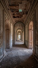 Fototapeta premium Abandoned hallway with decaying architecture and a hole in the ceiling revealing the sky