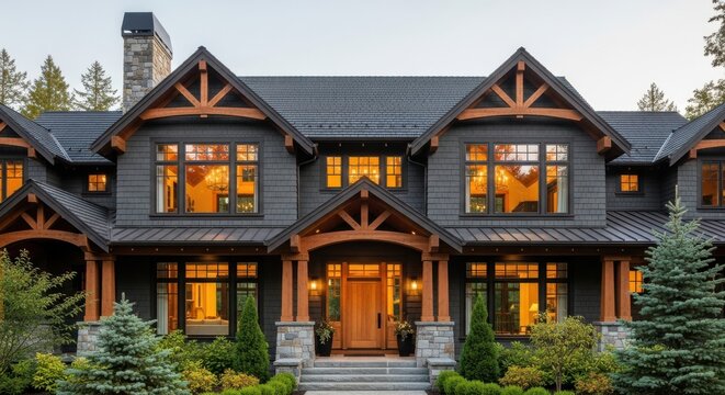 Luxurious dark gray tudor style mansion with warm interior lighting and lush greenery