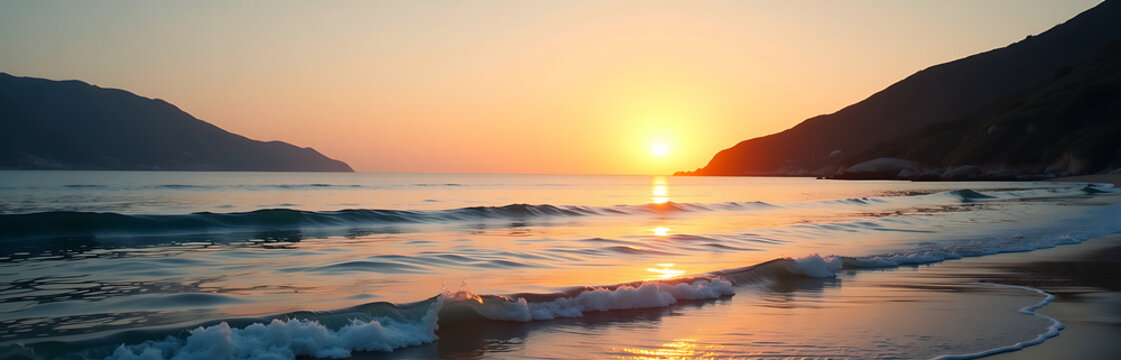 serene image tranquil ocean sunset gentle waves lapping shore casting warm golden glow coastal