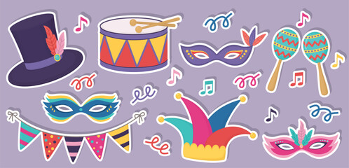 Set of stickers with carnival and masquerade elements. Masks, hats, drum, garland, maracas and serpantine.