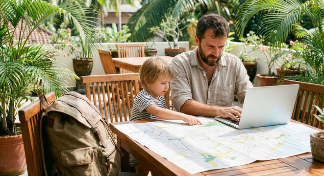 Digital nomad father working on laptop while son looks at travel map on tropical terrace, family remote work concept - Powered by Adobe
