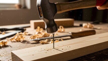claw hammer driving a metal nail into a wooden plank, for carpentry class materials, home workshop setup guides, and construction trade education, with bokeh.
