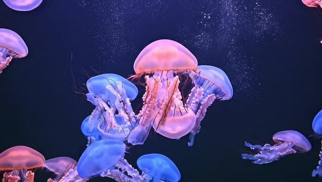 Experience the ethereal, slow-motion ballet of a neon-colored jellyfish bloom captured in stunning high definition.