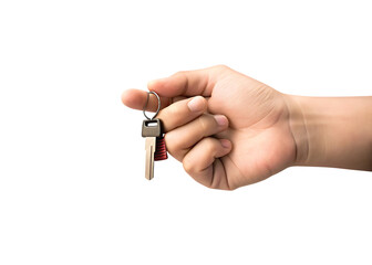 Hand holding a single key isolated on white background