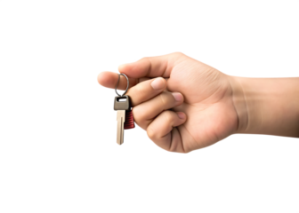 Hand holding a single key isolated on white background