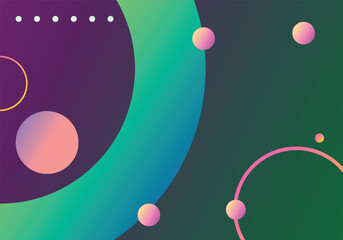 Vibrant abstract orbs and neon circles on gradient green background artwork