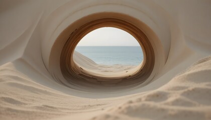 Close-up of smooth sculpted sand archway, gentle seaside lighting.