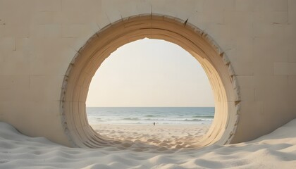 Close-up of smooth sculpted sand archway, gentle seaside lighting.