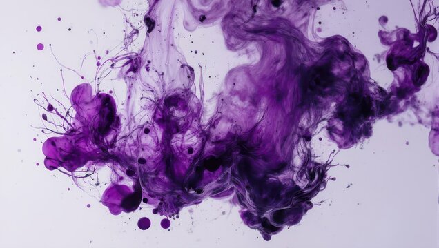 Abstract Purple Ink Cloud Swirls and Droplets in Water.