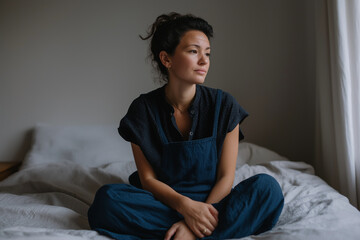 Fototapeta premium This intimate portrait captures a contemplative woman sitting on a bed, gazing thoughtfully out of a window, emphasizing themes of reflection and personal introspection.