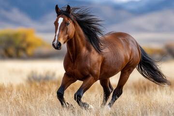 Bay horse running in a field with autumn trees