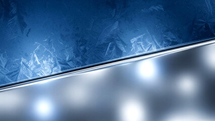 Frozen window with frosty pattern and blurred lights reflection