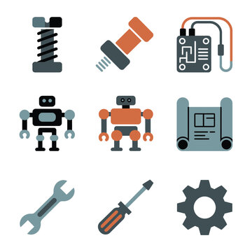 Robotics engineering tool and component icon set with robot arm circuit wrench gear flat vector illustration collection