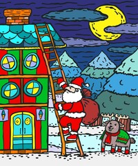 Santa Claus climbing ladder up to chimney doodle color illustration