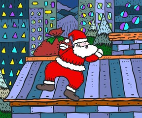 Santa Claus climbing the chimney doodle color  illustration