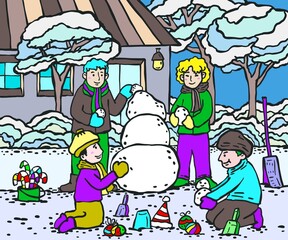 people building snowman doodle color illustration