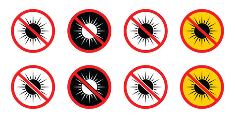 No sun icon vector set. Design in trendy style. A prohibition sign for sun protection and uv safety a warning to avoid direct sunlight and stay in the shade for health.