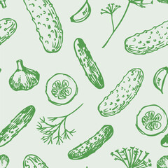 Pickles, cucumbers i, seamless pattern, hand drawn sketch, realistic vector illustration
