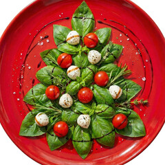 Vibrant Caprese Christmas tree on a glossy red plate with balsamic glaze and sea salt.