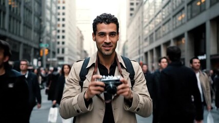 Photographer capturing urban street scene with vintage camera in city