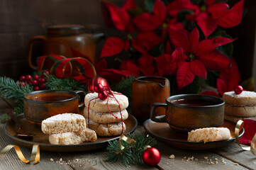 Polvorones - Traditional Christmas Spanish Shortbread Almond Cookies. Still life vintage still
