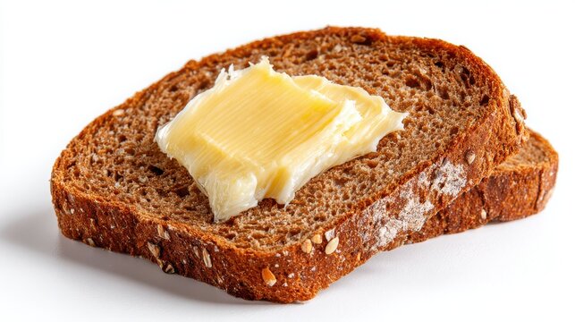 Slice of brown bread with butter isolated on white background