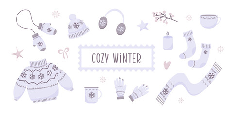 Cute winter illustration set with cozy knitted clothing, warm accessories, mugs, snowflakes and soft pastel elements. Gentle minimalist style creates a warm seasonal mood ideal for cards