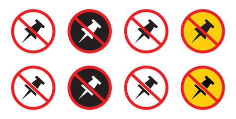 No push pins allowed icon. Red prohibition. prohibited push pin symbol isolated vector illustration red circle no thumbtack sign restriction warning.