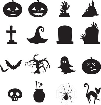 Halloween Icons Silhouette Collection on White Background