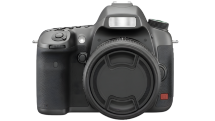 Black digital single lens reflex camera body with lens mount and pop up flash on white background