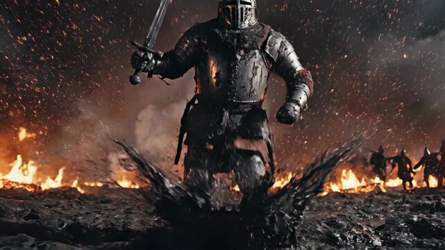 Knight advancing through blazing battlefield in low angle tracking shot. Armored warrior wielding sword amid flames and smoke on rocky terrain. Epic fantasy battle sequence with intense action and