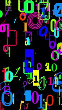 Numerous binary numbers 1 and 0 appearing and disappearing in vertical layout on a black background. Note fonts are suitable for commercial purposes.