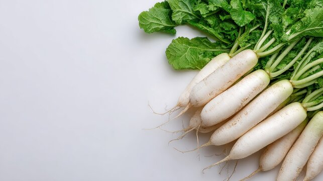 Fresh White Radishes with Green Leaves, Isolated on White Background