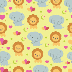 Cute Baby Animal Seamless Pattern with Elephant and Lion for Kids Clothing