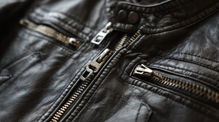 Close-up shot of a black leather jacket zipper, detail of metal hardware and textured material, fashion and apparel concept