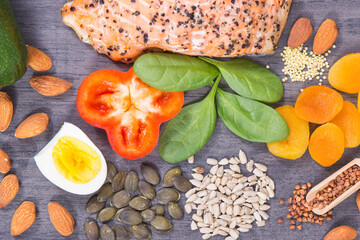 Various nutritious products or ingredients containing vitamins and minerals for healthy and lush hair