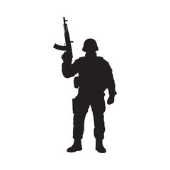 Silhouette of a soldier holding an ak 47 rifle and wearing military gear