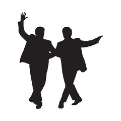 Silhouette of two men in suits celebrating with animated gestures