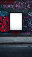 Blank billboard on a brick wall covered in vibrant graffiti art, ready for advertising