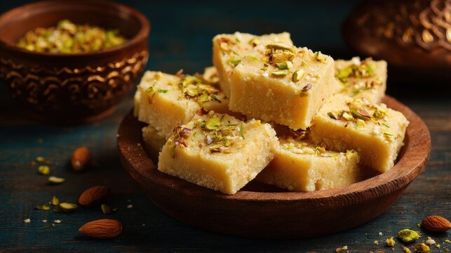 Delicious barfi dessert topped with chopped pistachios and almonds on a dark rustic background.