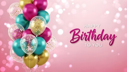 Vibrant pink birthday greeting with colorful balloons and sparkles