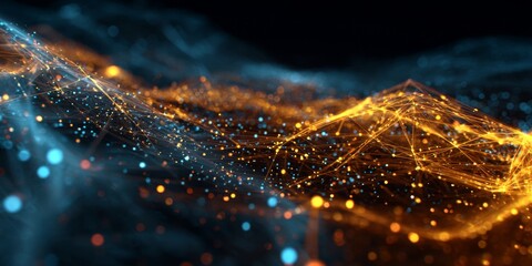 Abstract digital illustration of a deep space environment with glowing particles and intricate lines creating a dynamic cosmic web of light and energy