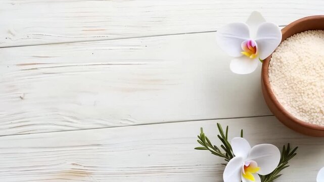 Natural stones, flowers and essential oils on a wooden surface convey the harmony of nature, perfectly complementing the backdrop for relaxation practices or spa treatments.
