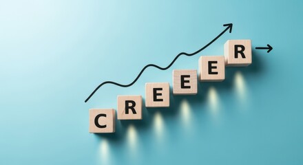 career growth concept with upward arrow and wooden blocks on blue background