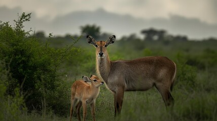 Naklejka premium A majestic female waterbuck stands protectively beside her calf in the african savanna on a cloudy day, showcasing their natural habitat