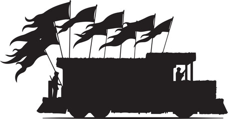 Naklejka premium Silhouette of a truck with multiple flags flying in the wind