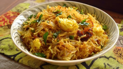 Bowl of Indian fried rice with egg and herbs