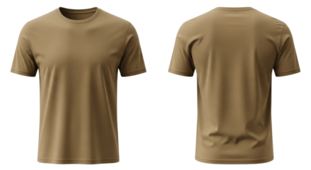 Front and back view of a tan t shirt transparent background cutout png